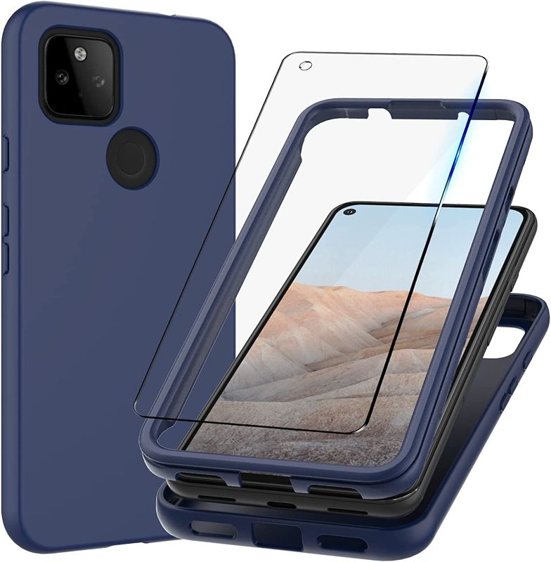 Photo 1 of MMY Case for Google Pixel 5a 5G Case + Tempered Glass Screen Protector [ Rugged PC Front Frame + Soft TPU Back Cover ] Skin Feel Protective Defender Case - Blue
