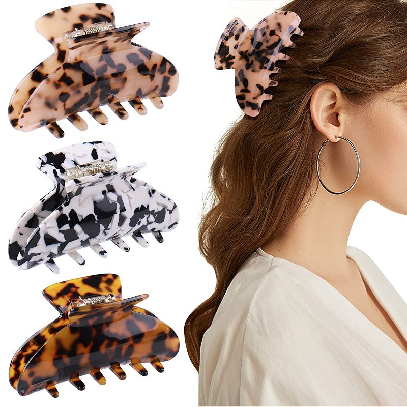 Photo 1 of GLAMFIELDS Medium Hair Claw Clips 3.5 Inch Non Slip Tortoise Shell Leopard Zebra Print Claw Clip for Women and Girls, Retro Cellulose Acetate Hair Crab, Hair Styling Accessories 3 Pack
