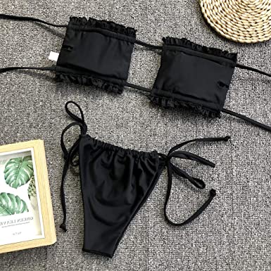 Photo 1 of  BLACK Windinny Women's Tie Knot Swimsuits Sexy Ruffle Strapless Bikini Sets Brazilian Two Piece Bathing Suits WOMENS L