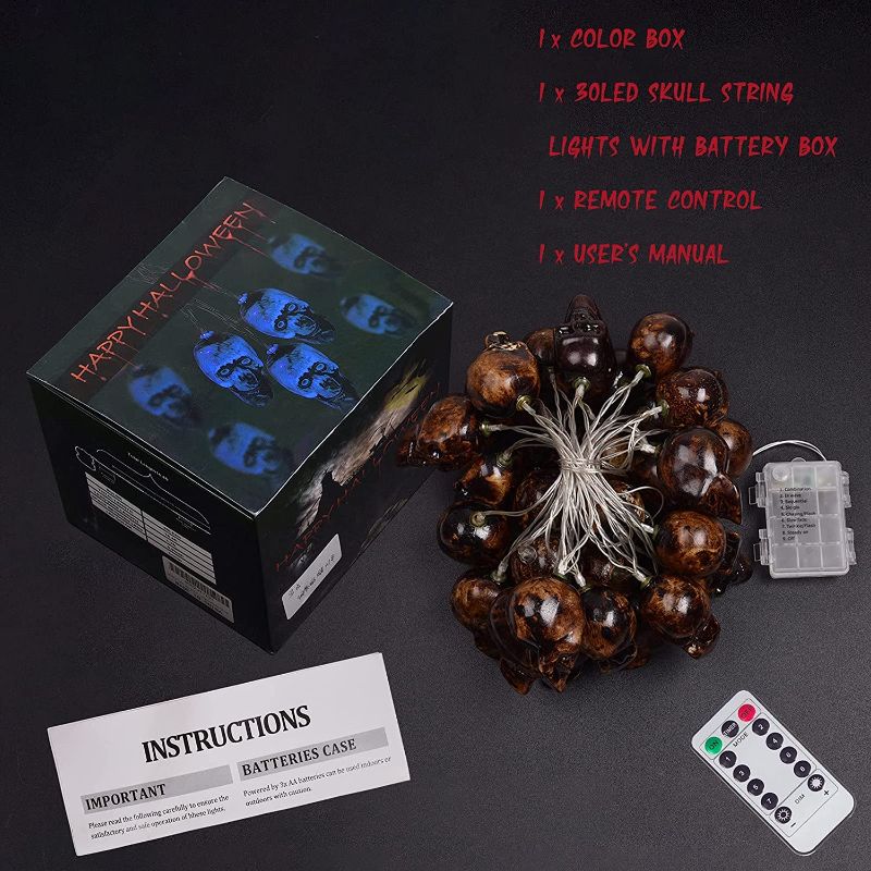 Photo 1 of Skeleton Skull String Lights, Lights Spooky with 30LEDS?Waterproof 8 Modes Twinkle Lights?Skeleton Lights Battery Operated for Party, Yard, Haunted House Decorations (Blue)
