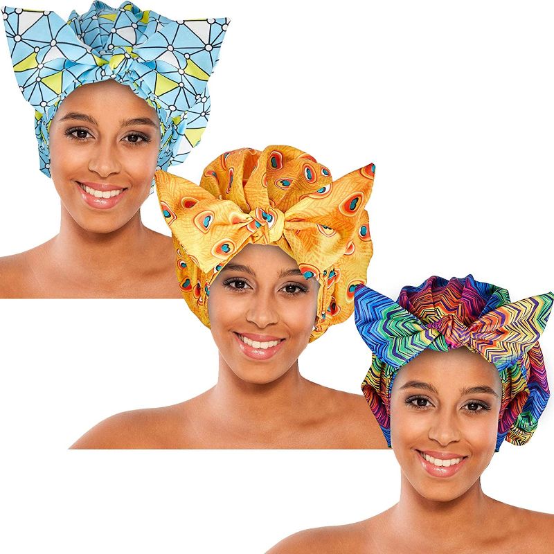 Photo 1 of 3 Pieces Shower Caps for Women Waterproof Satin Bonnet Bowknot Bathing Cap Reusable Sleep Hair Cap Large Sleeping Cap Hair Cover African Print Adjustable Night Bonnet Sleeping Cap
