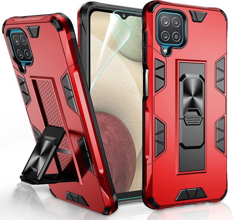 Photo 1 of Compatible for Samsung Galaxy A12 Case with HD Screen Protector, Gritup Military Grade Protective Shockproof Cover Built-in Magnetic Ring Kickstand Phone Case for Samsung A12, Red
