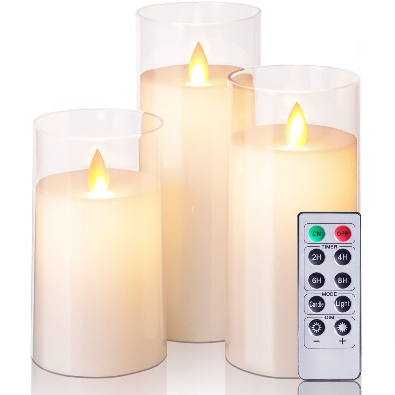 Photo 1 of 5plots Pure White Flickering Flameless Candles, Unbreakable Battery Operated Plexiglass LED Pillar Radiance Candles with Remote Control and Timer, Set of 3, 3" x 5"6"7"
