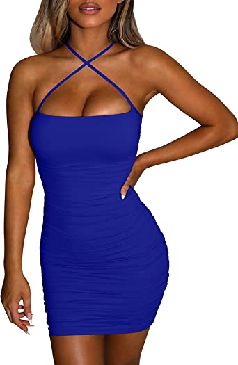 Photo 1 of BORIFLORS Women's Sexy Bodycon Sleeveless Ruched Spaghetti Strap Mini Club Party Dress 