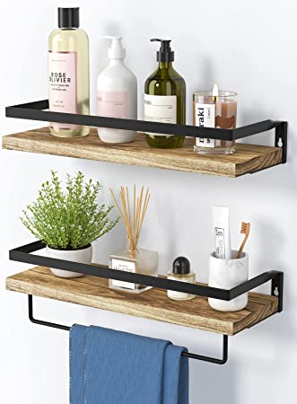 Photo 1 of AMADA HOMEFURNISHING Floating Shelves, Bathroom Shelf with Towel Bar, Wall Shelves for Bathroom/Living Room/Kitchen/Bedroom, Light Brown Shelves Set of 2 - AMFS01