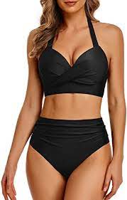 Photo 1 of Yonique Womens 2 Piece High Waisted Bikini Swimsuits Tummy Control Bathing Suits Retro Halter Twist Front Swimwear, Small
