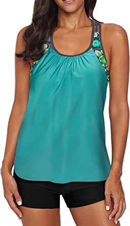 Photo 1 of Aleumdr Womens Blouson Striped Printed Strappy T-Back Push up Tankini Top with Shorts, Medium
