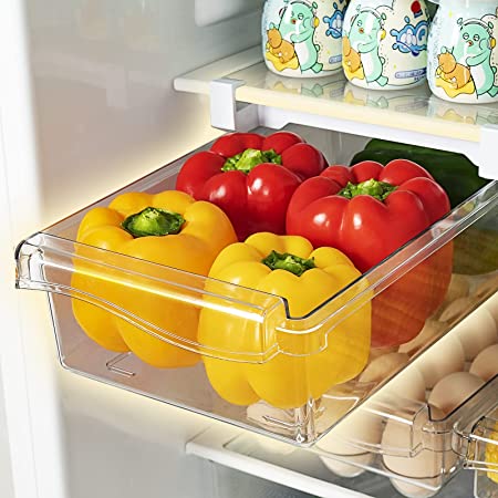 Photo 1 of URORU Fridge Drawer Organizer, Unique Design Pull Out Bins, Fridge Holder Storage Box, Fit for Refrigerator with Shelf Under 0.6", Clear Acrylic Handle Storage Box For Eggs, Meat, Cheese & Vegetable