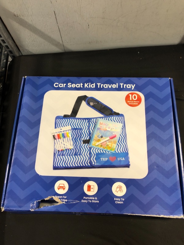 Photo 2 of Car Seat Kids Travel Tray - Toddler Lap Activity Table Includes Dry Erase Board, Dry Erase Markers, Coloring Book & Secure Tablet Cover - Comfort Car Tray Base, Foldable with Easy to Carry Strap
