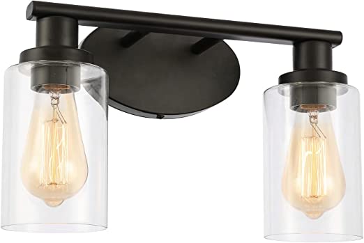 Photo 1 of 2-Lights Black Bathroom Light fixtures, Industrial Farmhouse Matte Black Vanity Lights with Glass Shade, Vintage Bathroom Lights Over Mirror, Modern Wall Mounted Vanity Lighting Fixtures
