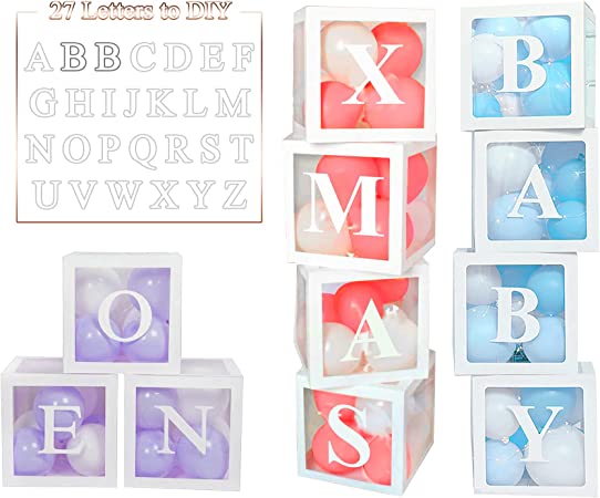Photo 1 of Ableme Deco Birthday Party Balloon Decorations – 4 PCS Transparent Balloons Boxes Décor with 27 Letters, Baby Shower, 1st Birthday Centerpiece Decor, Boys & Girls Supplies, Gender Reveal Backdrop

