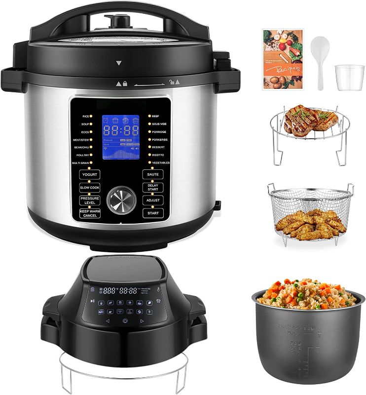 Photo 1 of **Has dent on side**
Nictemaw17-in-1 Electric Pressure Cooker, 1500W 6QT Air Fryer Electric Pressure Cooker Combo, Slow Cooker, Multi-Cooker, and More, Included Basket Rack/ Recipe Book
