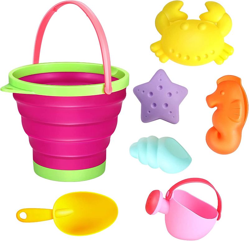 Photo 1 of Beach Toys, Sand Toys Set for Kids 3-10, Collapsible Sand Bucket, Sand Shovel, Watering Can, Animal Sand Molds for Toddlers Baby, Kids Outdoor Summer Playset, 7 Pcs Beach Sand Toys for Girls Boys
