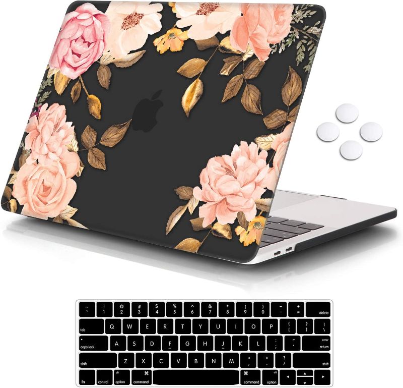 Photo 1 of iCasso MacBook Pro 13 inch Case 2022 2016-2021 Release A2338M2/M1/A2159/A1989/A1706/A1708, Plastic Hard Shell Case with 5 Rows Keyboard Cover Compatible Newest MacBook Pro 13"" - Black Watercolor Rose
