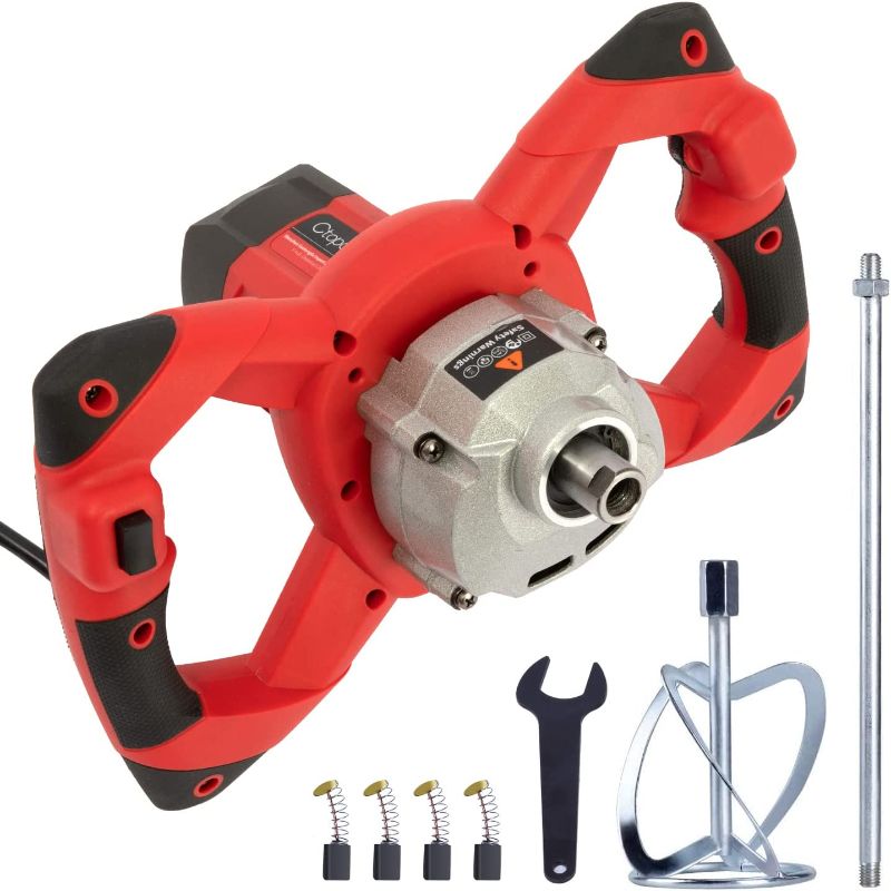 Photo 1 of 1600W Portable Electric Concrete Cement Plaster Grout Paint Thinset Mortar Paddle Mixer Pro Drill Mixer Stirring Tool Adjustable 6 Speed Handheld Standard 110V (1600W Red)