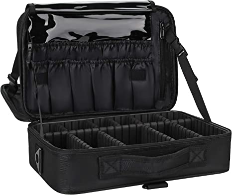 Photo 1 of Relavel Makeup Bag Travel Makeup Train Case 13.8 inches Large Cosmetic Case Professional Portable Makeup Brush Holder Organizer and Storage with Adjustable Dividers and Shoulder Strap Black
