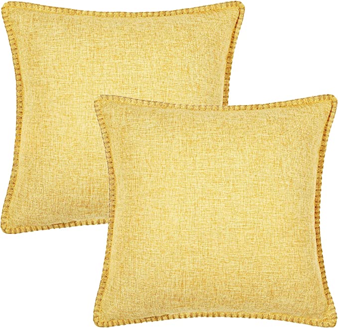 Photo 1 of decorUhome Decorative Throw Pillow Covers 22x22 Set of 2, Square Linen Farmhouse Pillow Covers with Stitched Edge, Rustic Pillow Covers for Couch, Sofa, Living Room, Mustard Yellow
