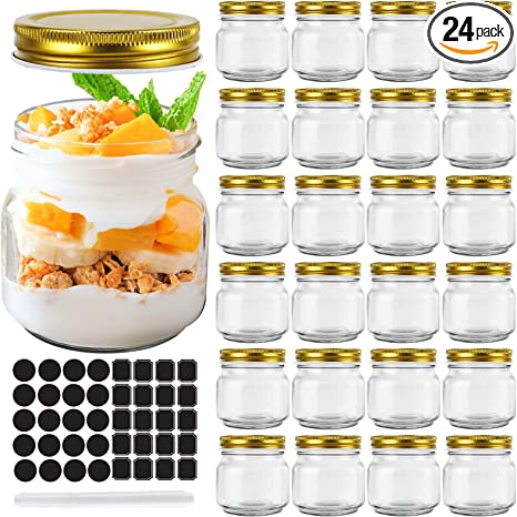 Photo 1 of 24 Pack 8oz Glass Mason jars With Regular Mouth Lids, 250 ml Perfect Containers for Jam, Honey, Candies,Wedding Favors, Decorations, Baby Foods. Included 1 Pens and 80 Labels.
