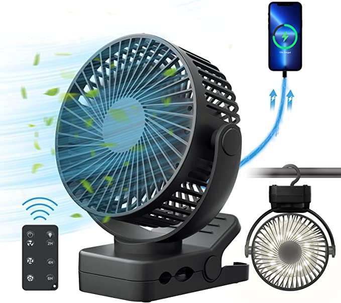 Photo 1 of Portable Fan with Remote Control & Timer & LED Lights, 60hrs 12000mAh USB Rechargeable Battery Fan Could Clamp/Hanging/Stand Up, Small Clip on Fan for Baby Stroller, Bed, Desk, Camping Tent, Trave
