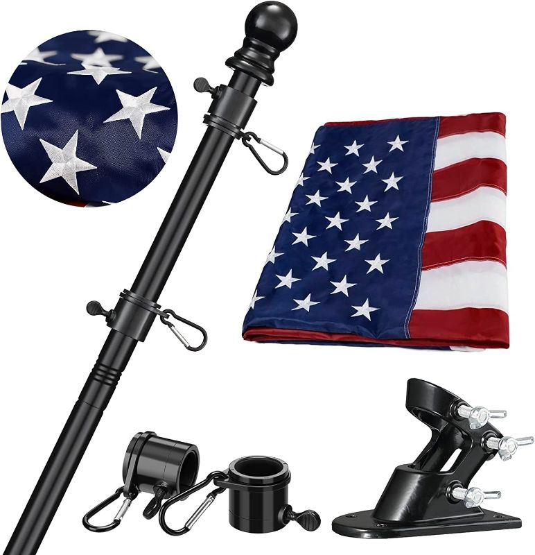 Photo 1 of **TINY TEAR ON FLAG** Flag Pole for House with US Flag - Black Flag Pole Kit Includes 6ft Metal Flagpole,3x5 Embroidered American Flag and Bracket,Tangle Free Portable for...
