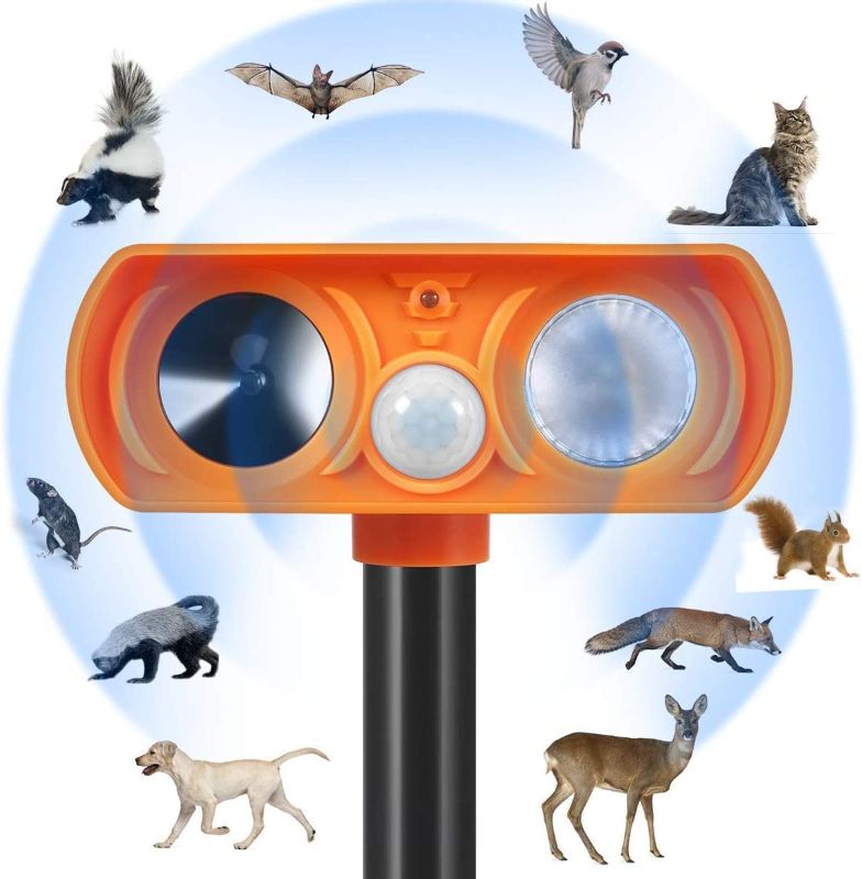 Photo 1 of ***incomplete*** Ultrasonic Cats Deterrent, Orange Animal Chaser with Motion Sensor and Flashing Lights Outdoor Solar Farm Garden Yard, Dogs, Cats, Birds
