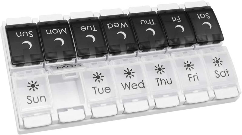 Photo 1 of **SET OF 2** EZY DOSE Push Button 7Day Pill Medicine Vitamin Organizer Box Weekly Am Pm and Lids, Black & White Am/Pm, 1 Count
