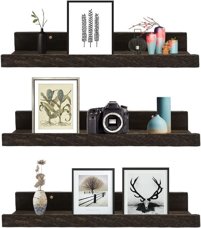 Photo 1 of 100% Solid Wood Floating Shelves Wall Mounted Sets of 3 Wall 16 inch Photoe Hanger Picture Ledge Wall Décor Makeup Organizer Shelves Storage Holder for Wall Art Display Kids Office Home Rustic Black
