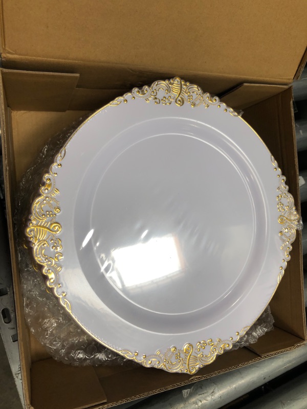 Photo 3 of Liacere 50PCS Gold and White Plastic Plates - 10.25Inch Disposable Gold Plastic Plates - Premium Heavy Gold Dinner Plates for Weddings & Parties & Christmas
