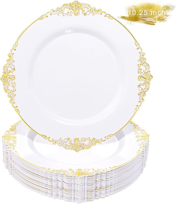 Photo 1 of Liacere 50PCS Gold and White Plastic Plates - 10.25Inch Disposable Gold Plastic Plates - Premium Heavy Gold Dinner Plates for Weddings & Parties & Christmas
