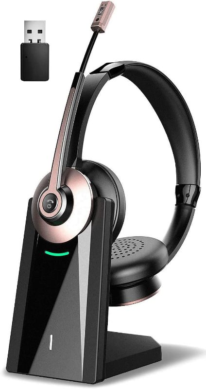 Photo 1 of **MISSING CHARGER CORD** Wireless Headset, Bluetooth Headset with Microphone Noise Cancelling & USB Dongle, Office Headphones with Mic Mute & Charging Dock for PC Laptop/Cell Phone/Zoom/Skype/Conference/Call Center
