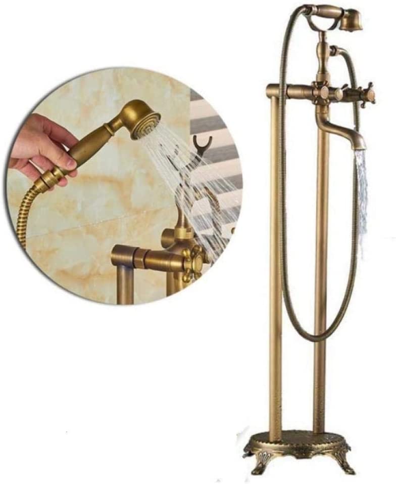 Photo 1 of **PARTS ONLY** MISSING PARTS** Dual Handles Bathroom Floor Mount Bathtub Filler Freestanding Bathtub Faucet Antique Brass with Hand Shower Rotate Spout
