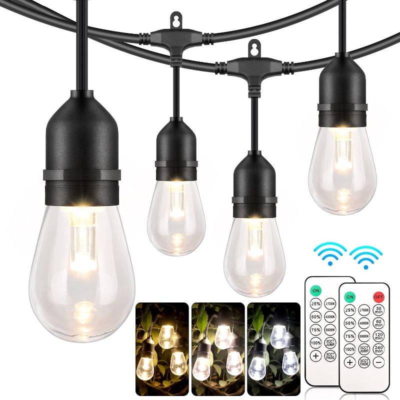 Photo 1 of 3 Color Outdoor LED Dimmable String Lights for Patio with Remote, Plug in 48FT Waterproof LED Edison Bulb String Light, Warm White Daylight White...
