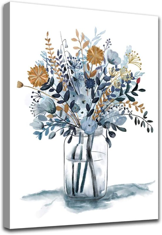 Photo 1 of Flowers Wall Art Watercolor Canvas Pictures Bathroom Bedroom Living Room Wall Decor Blue Canvas Picture Indigo Contemporary Botanic in Jar Canvas Artwork Framed Ready to Hang 20" x 28"
