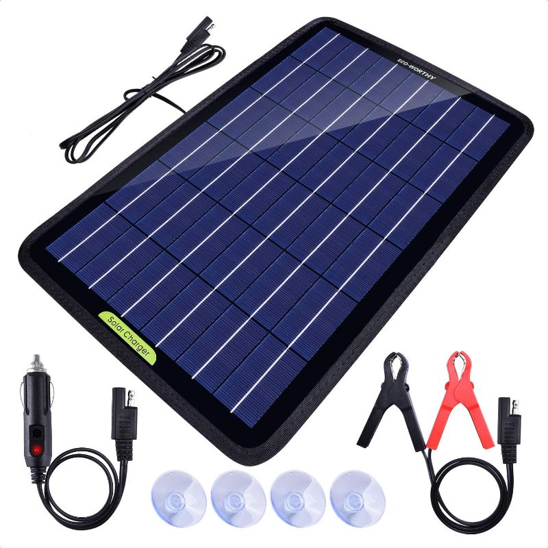 Photo 1 of ECO-WORTHY 12 Volt 10 Watt Solar Car Battery Charger & Maintainer, Solar Panel Trickle Charger, Portable Power Backup Kit with Alligator Clip Adapter for Car, Boat, Automotive, Motorcycle, RV
