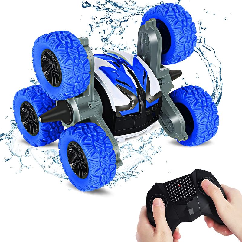 Photo 1 of Cyiecw RC Cars Amphibious Remote Control Car Boat Summer Outdoor Toys for Boys 2.4 GHz 6 Wheel/360° Flips All Terrain Waterproof Monster Trucks Stunt Car Toy Gifts for Adults Kids Girls Toddlers Blue
