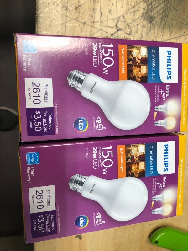 Photo 2 of 2 pack - Philips
150-Watt Equivalent A21 Dimmable with Warm Glow Dimming Effect Energy Saving LED Light Bulb Soft White (2700K) (2-Pack)