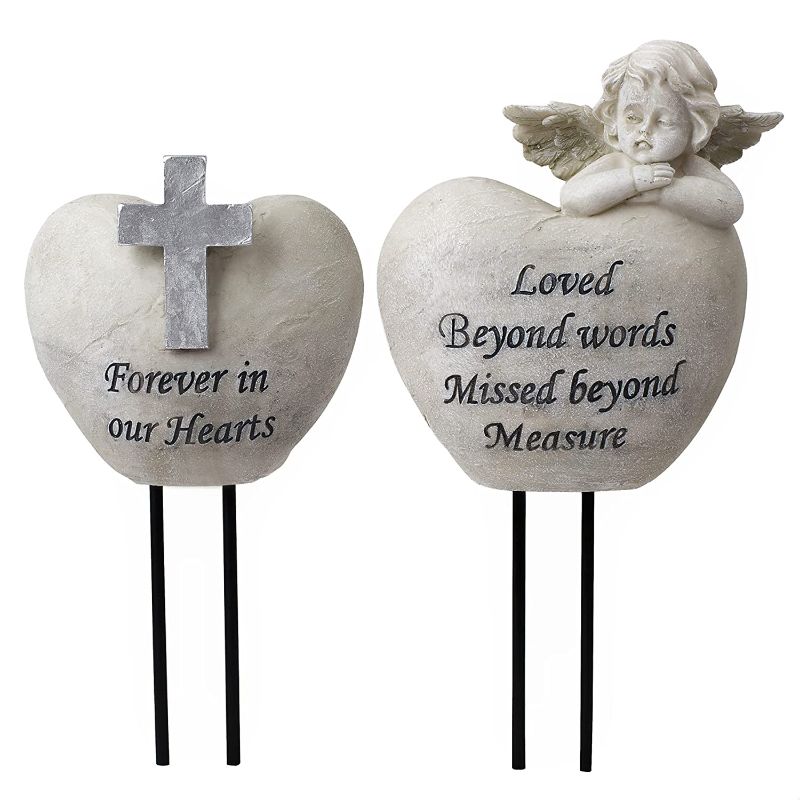 Photo 1 of VARA Angel and Cross Cemetery Vases with Spikes - Set of 2 Headstone Flower Vase and Angel Memorial Planter with Removable Metal Stakes - Grave Decorations for Cemetery and Memorial Garden Stone Decor
