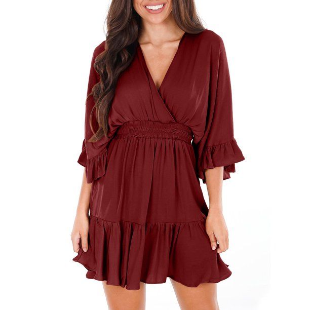 Photo 1 of Half Sleeve Deep V-Neck Women Elastic Waist Dress Flared High Waist Mini Dress xl 