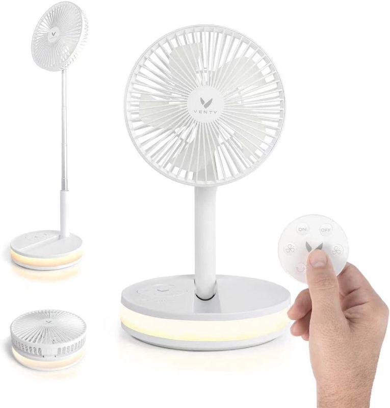 Photo 1 of Original VENTY Portable Fan - Wireless Battery Operated Fan With 4 Speeds, Remote Control, Oscillation, & LED Lighting, Travel Rechargeable Fan & Power Bank USB-C Ports, Camping Fan (White with Case)
