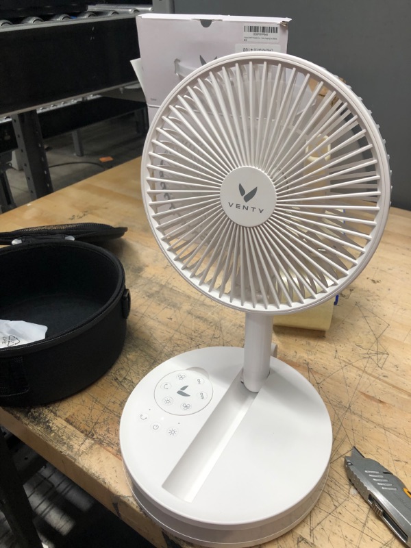 Photo 1 of Original VENTY Portable Fan - Wireless Battery Operated Fan With 4 Speeds, Remote Control, Oscillation, & LED Lighting, Travel Rechargeable Fan & Power Bank USB-C Ports, Camping Fan (White with Case)
