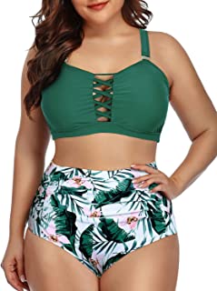 Photo 1 of Daci Women Plus Size Two Piece Bikini Swimsuit High Waisted Bottom Ruched Lace Up Bathing Suit GREEN 
SIZE 12 