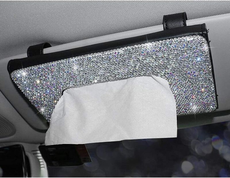 Photo 1 of 2 item bundle 
BlingSHD Bling Bling Car Visor Tissue Box Holder Rhinestone Leather Paper Towel Cover Case for Women-Silver (x2)
