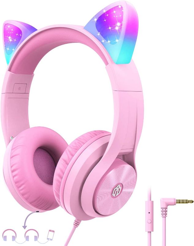 Photo 1 of Cat Ear Led Light Up Kids Headphones with Microphone, iClever HS20 Wired Headphones -Shareport- 94dB Volume Limited, Foldable Over-Ear Headphones for Kids/School/iPad/Tablet/Travel (Medium, Pink)