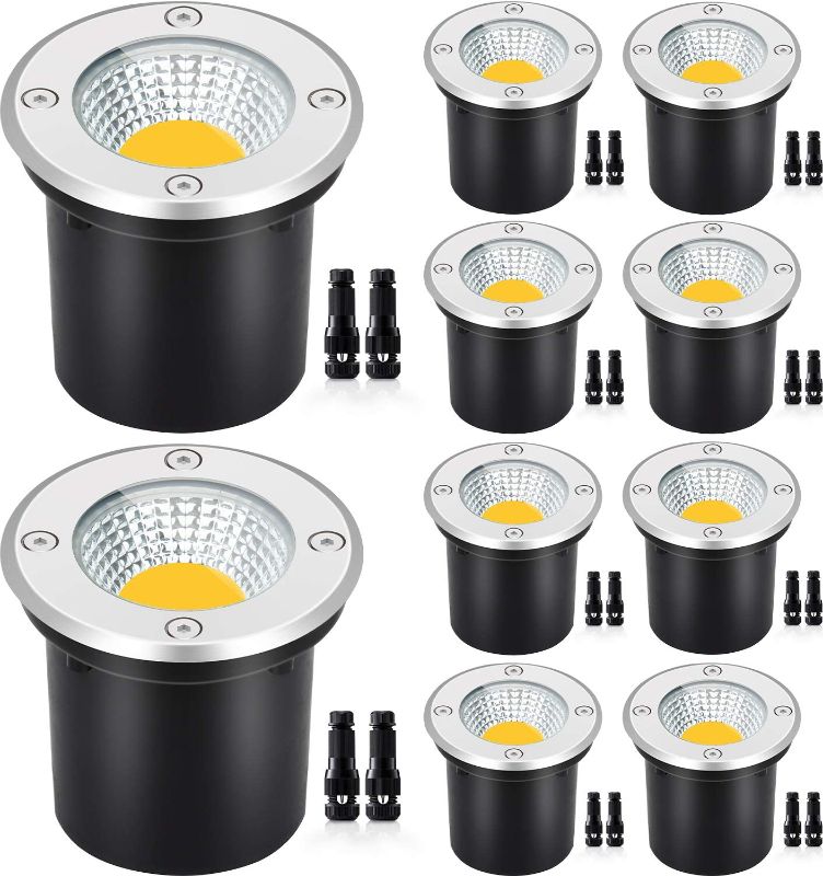 Photo 1 of SUNVIE Low Voltage Landscape Lights with Wire Connectors 12W LED Well Lights IP67 Waterproof Outdoor In-Ground Lights 12V-24V Warm White Pathway Garden Lights for Driveway Deck (10 Pack & Connectors)
