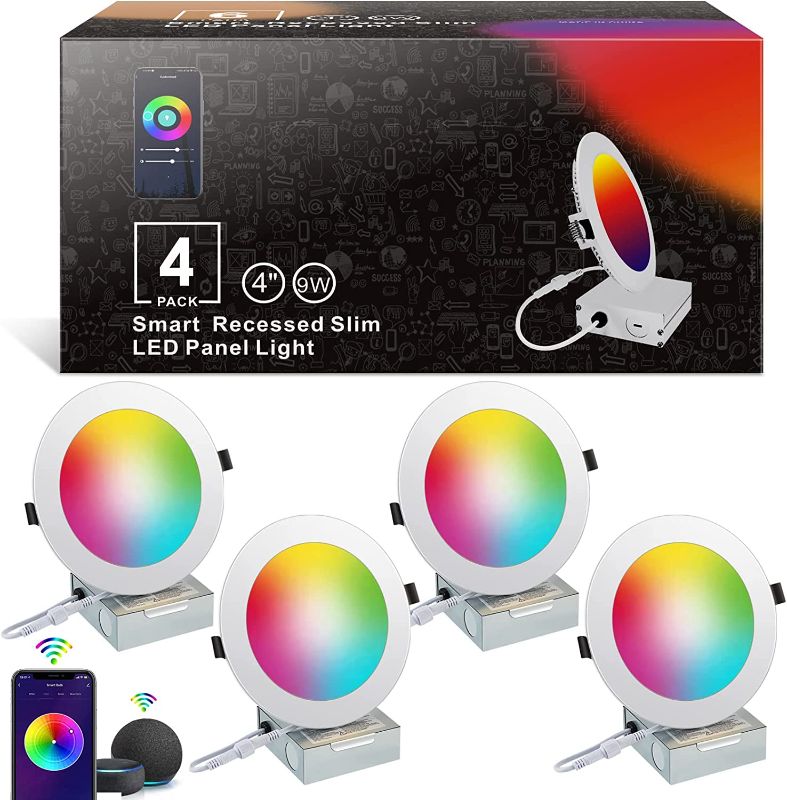 Photo 1 of Smart Recessed Lighting 4 Inch - Smart Led Recessed Light Fixtures with WiFi RGB Color Changing Slim Smart Led Downlight with Junction Box, 9W 810LM Compatible Alexa/Google Assistant (4 Pack 9w)