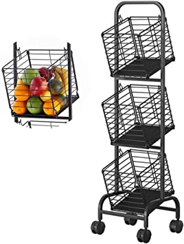 Photo 1 of 3 Tier Fruit Basket Stand,Metal Floor Storage With 3 Removable Hanging Baskets,Rolling Cart Market Basket with Lockable Wheels for Kitchen Pantry Bathroom,Free-Standing Organizer
