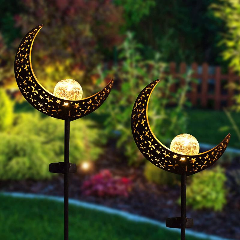 Photo 1 of 2 Pack Solar Moon Crackle Glass Globe Stake Lights, Solar Powered Garden Decorations, Pathway Lights Outdoor Waterproof for Walkway, Pathway, Yard, Lawn, Patio or Courtyard
