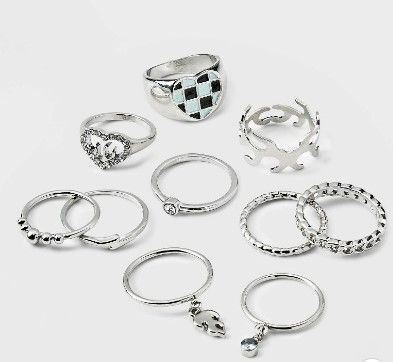 Photo 1 of 2 Checkerboard Heart and Flame Textured Ring Set 10pc - Wild Fable™ Silver

