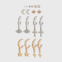 Photo 1 of 2 Celestial Charm Hoop Stud Earring Set 9pc - Wild Fable™ Dark Silver

