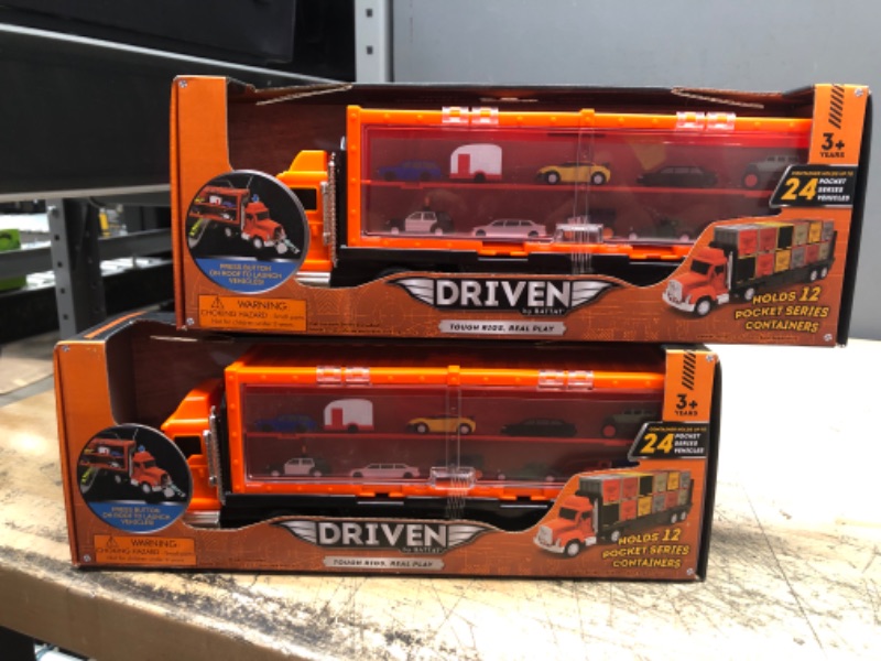 Photo 2 of 2 DRIVEN – Orange Mini Toy Car Carrier Truck – Pocket Transport
